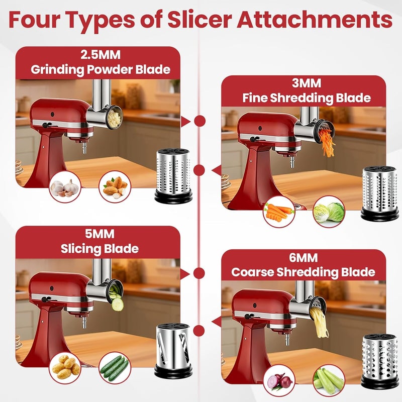 Akiosk Stainless Steel Slicer Shredder Attachment for KitchenAid Stand Mixers, Large Vegetable Slicer Cheese Grater Attachment for Kitchenaid, Salad Maker Grinding Powder with 4 Blades - Image 3
